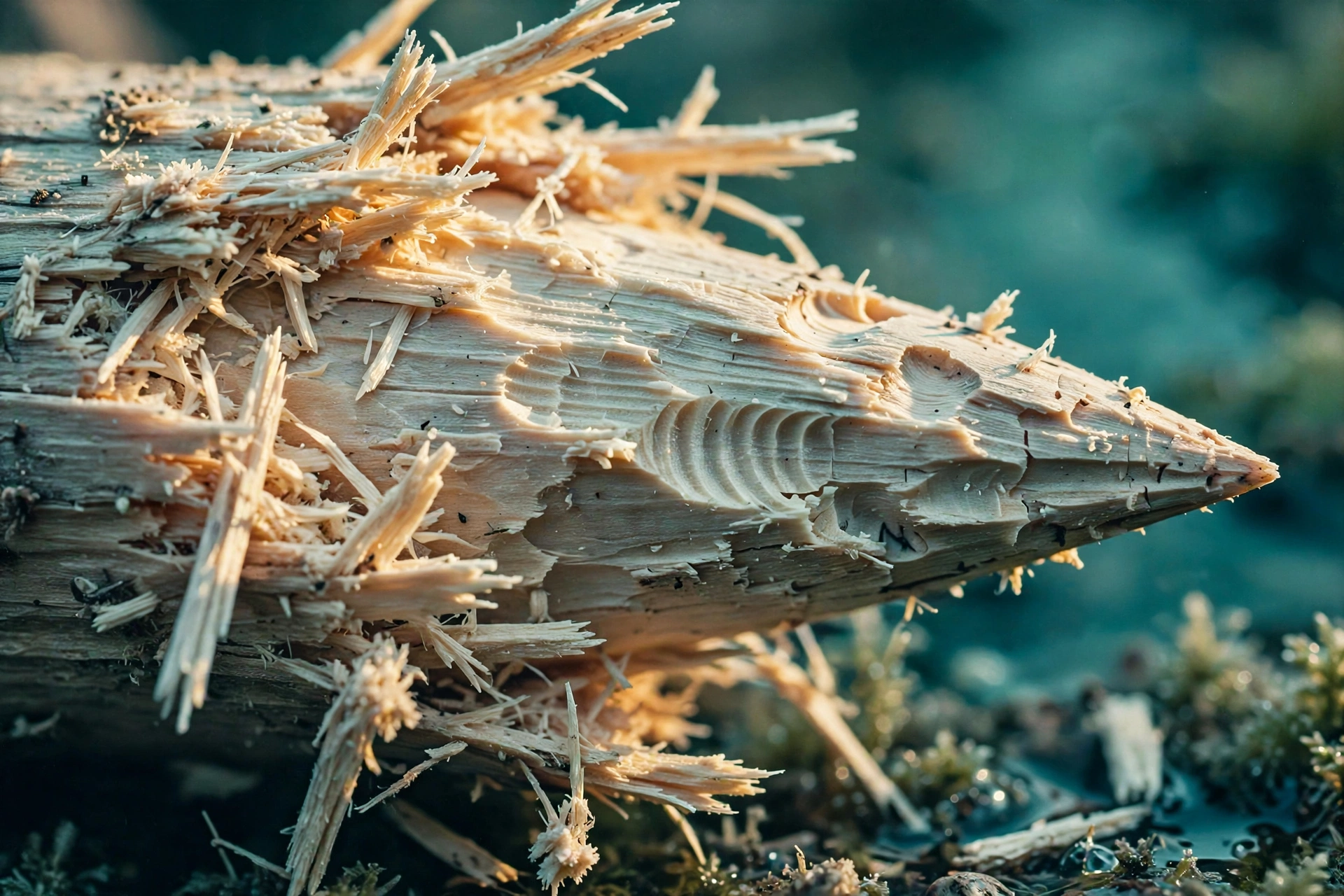 A stick chewed to a sharp point by beaver teeth, art-direction photography