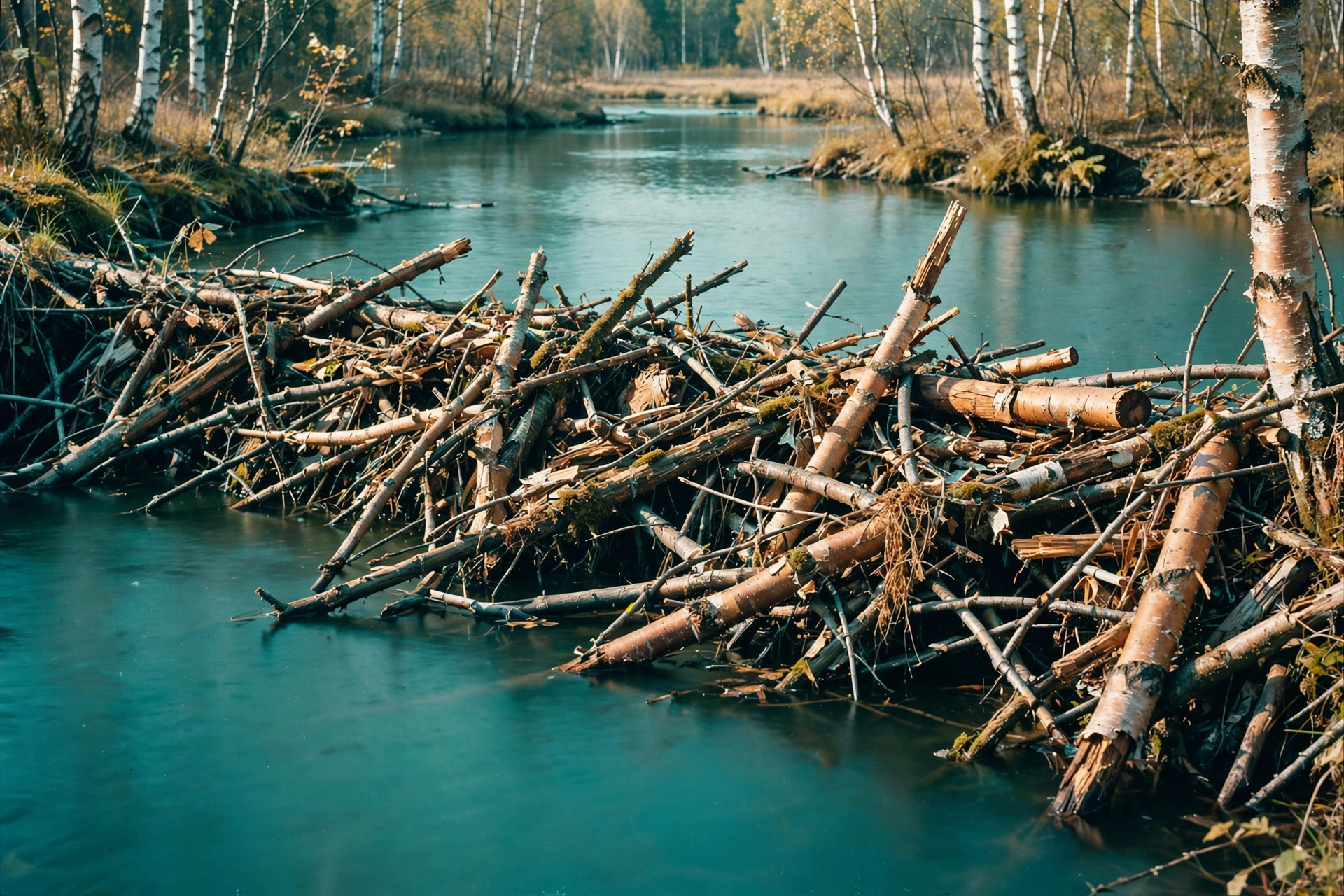 A beaver dam of gnawed sticks stacked across a calm pond in daylight, art-direction photography
