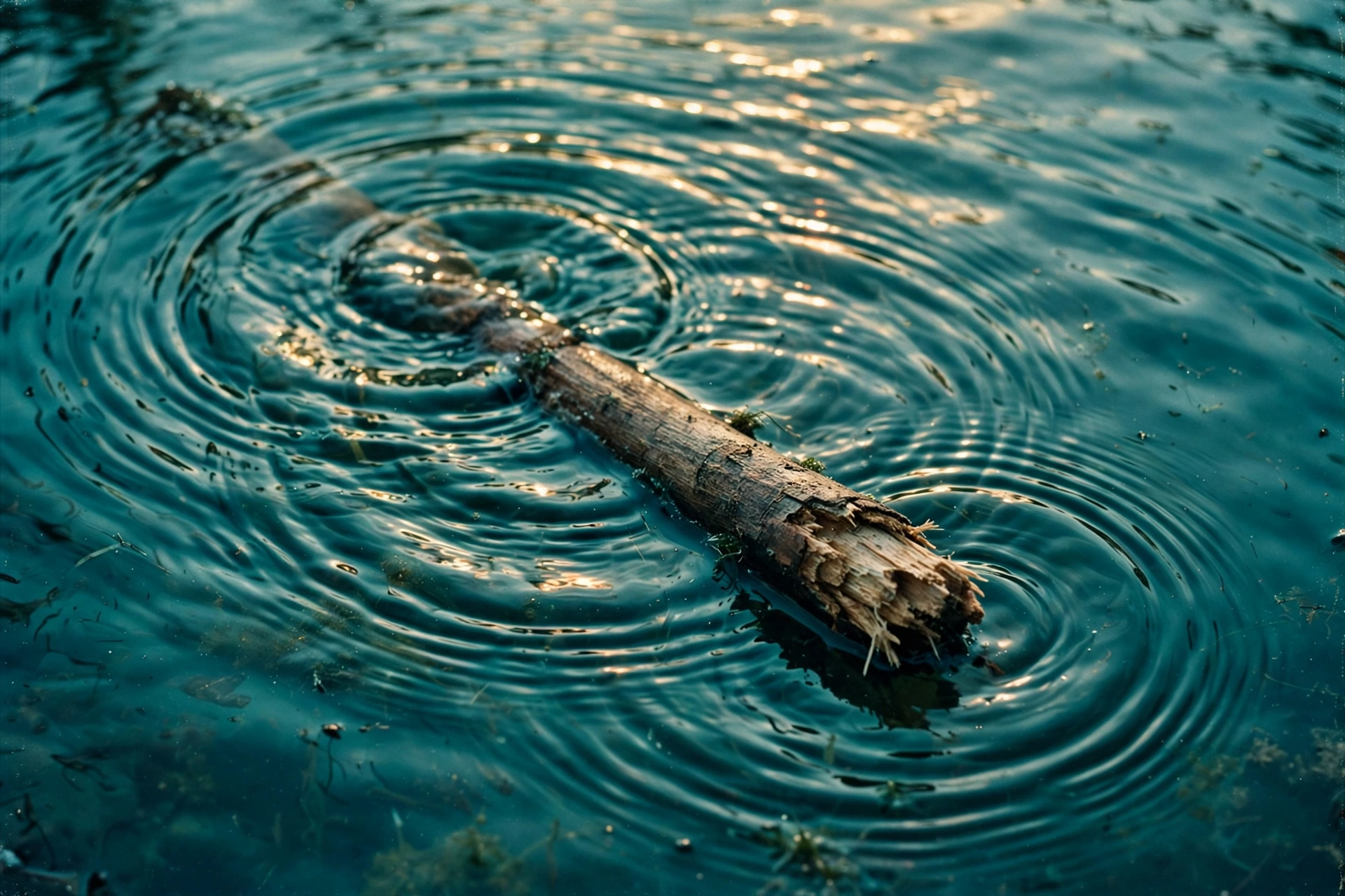 Ripples spreading around a gnawed stick in pond water, art-direction photography